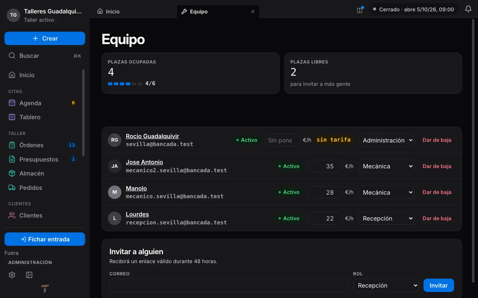 Así se ve en Torqua: Rendimiento por mecánico