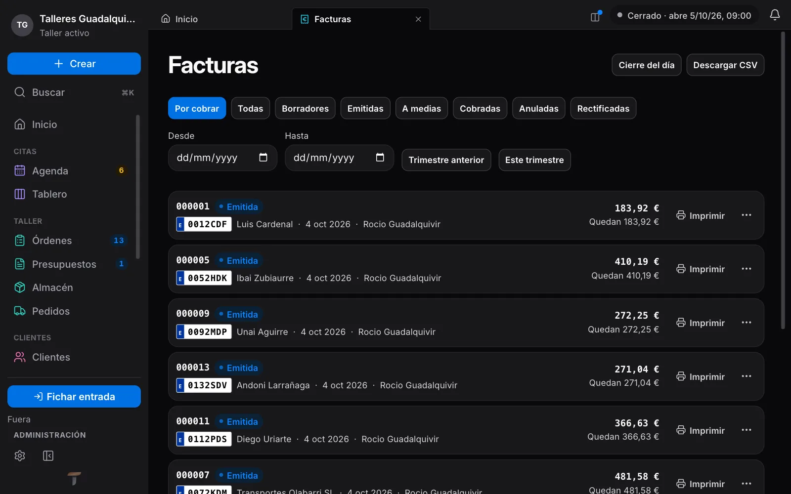 Así se ve en Torqua: Cobros y lo pendiente